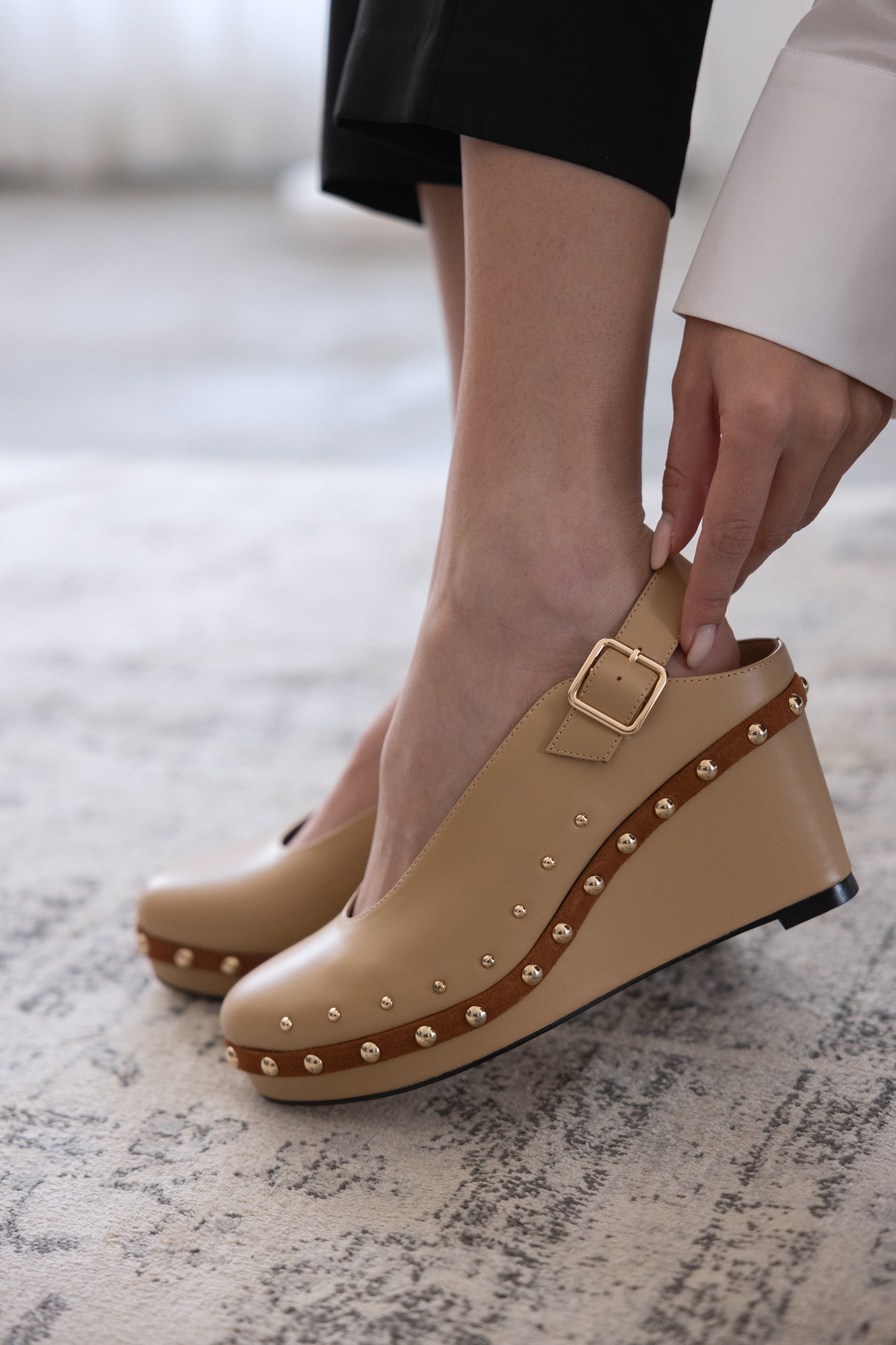 Beige wedge clog shoe with studded detail leather luxury Kuwait shoes - KSA shoes 
