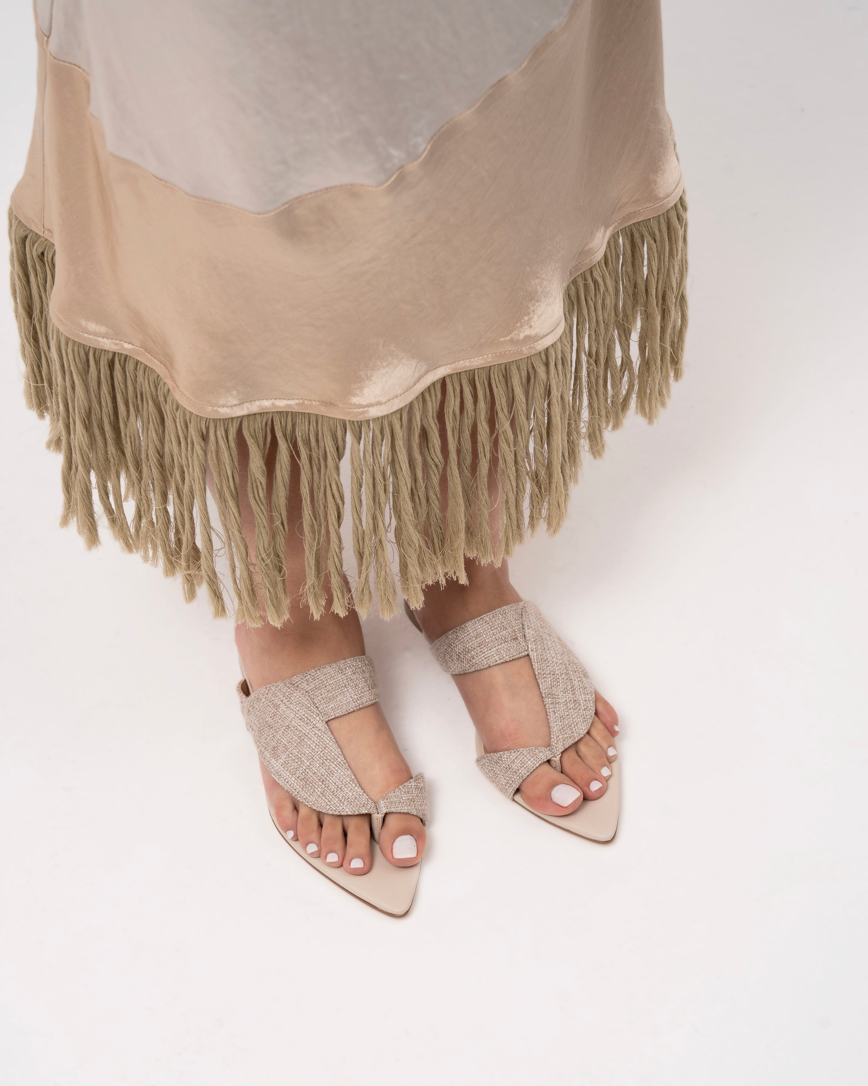 Beige pointed-toe flat with woven strap summer sandal luxury shoes flat Thuna shoes Kuwait & KSA shoes 