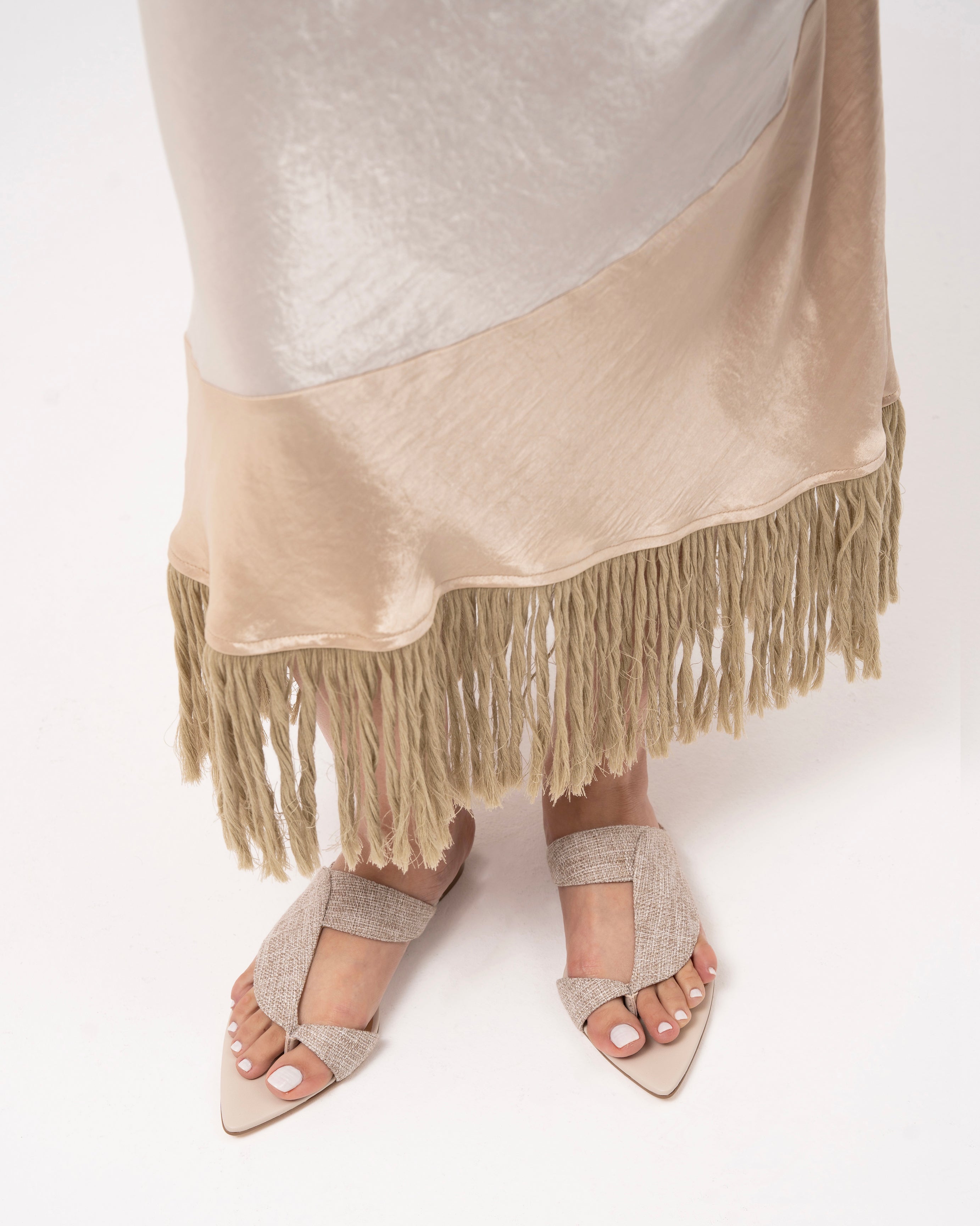 Beige pointed-toe flat with woven strap summer sandal luxury shoes flat Thuna shoes Kuwait & KSA shoes 